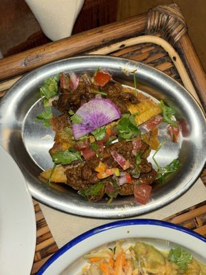 some banana thing- banana part was so chewy and not crispy and the fake meat was cold and not tasty   at Jah Jah in Paris