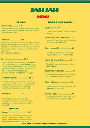 Menu February 2026 at Jah Jah in Paris