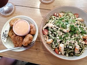 Vegan calamari and pesto zucchini noodles at Beach Bowl in Legian