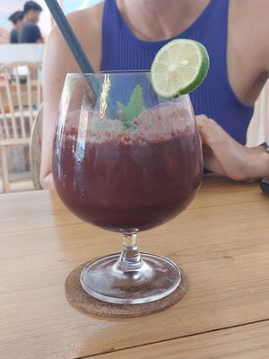 Pure brazil acai juice with coconut water 60k ( 1/10) at Beach Bowl in Legian