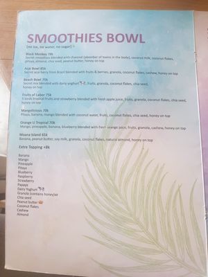 Menu at Beach Bowl in Legian