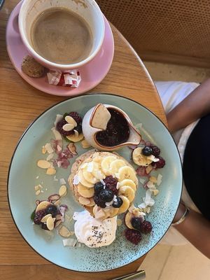 Pancake stack with fresh berries. at Beach Bowl in Legian