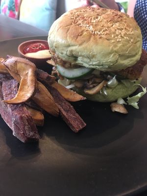 Our Favorite: the falafel Burger with tofu instead of egg! Delicious! at Beach Bowl in Legian