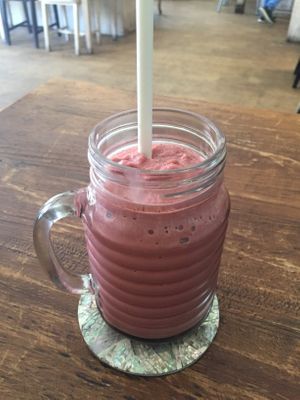 Red velvet shake with soy milk (way too sweet!!) at Beach Bowl in Legian