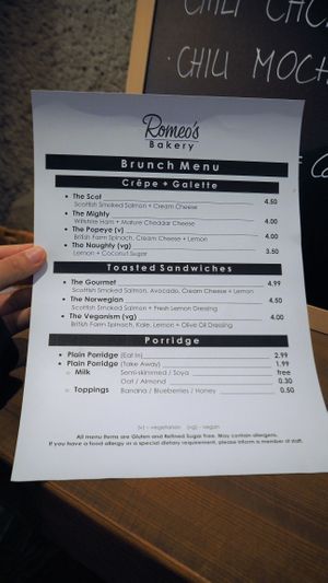 Brunch Menu at Romeo's Sugar Free Bakery in North London