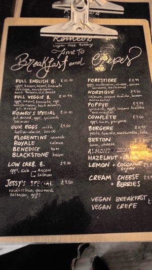 Breakfast and Crepes Menu at Romeo's Sugar Free Bakery in North London