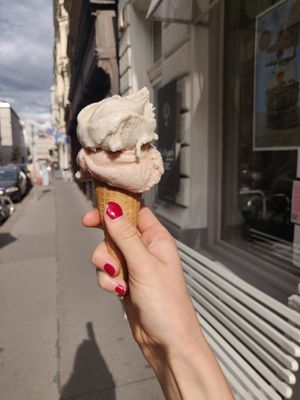 Vanille und Walli (Walnuß mit Erdbeersauce) at Veganista Ice Cream IV in Vienna