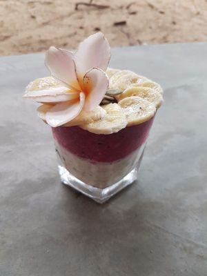 New kasakasa pudding with over night oats! Super healthy!!! at Karma Gardens in Arugam Bay