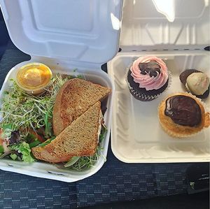 turkey sandwich- with side salad instead of chips and salsa
boston cream cupcake!!! 
Chocolate cupcake with strawberry icing 
white chocolate cake pop!  at Cafe Evolution in Florence