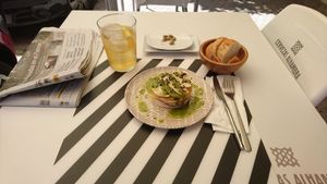 Carpaccio of mushrooms, peach and pesto married really well with baguette bread. at El Enano Verde in Torremolinos