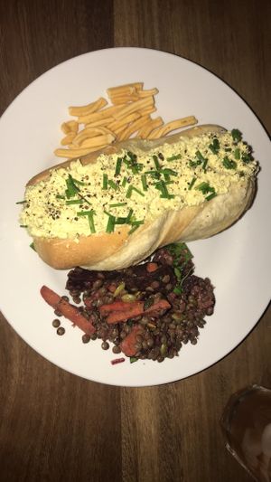 This was the egg baguette with crisp and a side salad. Absolutely obsessed with this!!! I get it everytime😍!!! at 387 Ormeau Road in Belfast