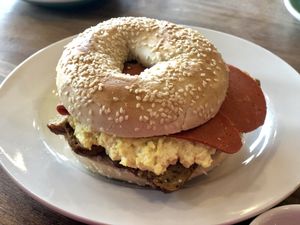 Sausage and bacon with tofu egg bagel at 387 Ormeau Road in Belfast