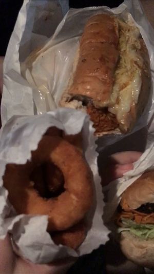 Not dog, onion rings e vegburguer.  at Bike Vegan in Fortaleza