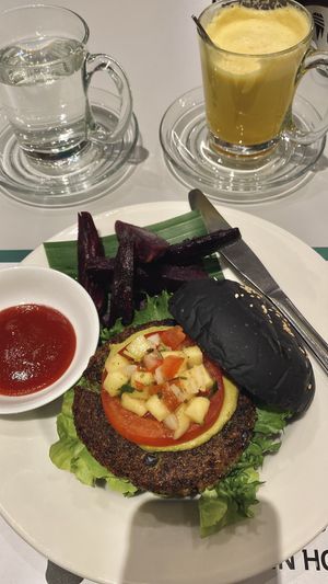 Broccoli Charcoal Burger with sweet potato fries - The broccoli patty is reaaaaally good! + Golden milk with cashew milk  at Broccoli Revolution - Central Embassy in Bangkok