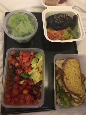 Burger, chili bowl and sandwich with roasted veggies at Broccoli Revolution - Central Embassy in Bangkok