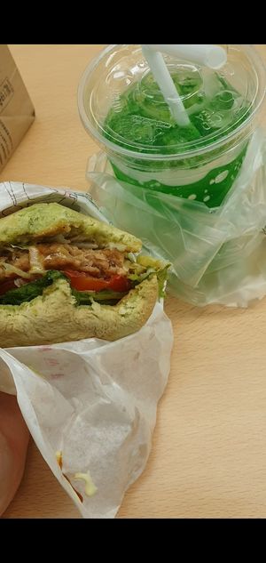Plant based burger and melon soda. at Mos Burger in Tokyo