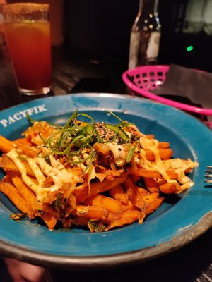 Kimchi sweet potato fries and vegan mayo at Bar Pacyfik in Warsaw