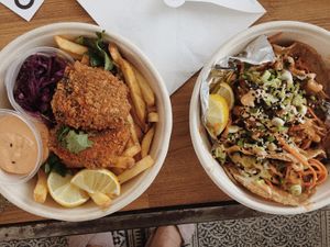 Fake fish and chips plus tacos with oyster mushrooms at Bar Pacyfik in Warsaw