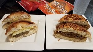 Sausage and egg on everything bagel and roast beef with cheese at The District at Mills 50 in Orlando
