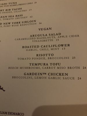 The vegan menu; you have to request their special menu to see these options!   at MGM Grand - Crush in Las Vegas