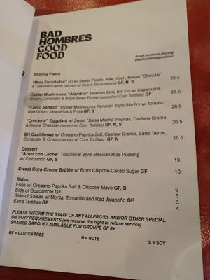 Menu at Bad Hombres in Darlinghurst