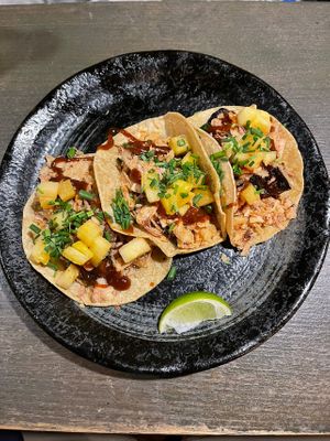 Miso Eggplant Tacos with pineapple habanero salsa and miso caramel at Bad Hombres in Darlinghurst