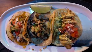 Pastor king mushroom, Miso eggplant, and Mushroom fish tacos $8.00 each at Bad Hombres in Darlinghurst