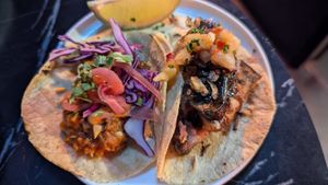 Jackfruit tinga, and Miso eggplant tacos $8.00 each: eggplant was my favourite! at Bad Hombres in Darlinghurst