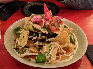 Nachos w/ House Cheddar “Cheese”, Black Beans, Pico de Gallo, Guacamole & Cashew Crema at Bad Hombres in Darlinghurst