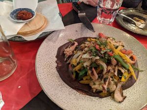 “Alambre” Mexican Style Stir Fry Oyster Mushrooms w/ Capsicums, Onion, Coriander & Black Bean Puree (served w/ Corn Tortillas) at Bad Hombres in Darlinghurst
