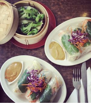 Cold rolls and steamed greens  at Zenhouse Vegetarian Yum Cha  in Adelaide
