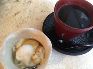 Maya Nut coffee type hot drink. Pudding mini dessert.  at Sarasya Shinsen Chaen in Tokyo