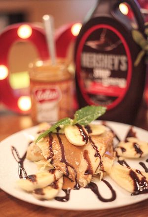 The Vegan Hersheys Pancake! Banana, Vegan Pancakes and Hersheys Chocolate Sauce at Stakks Pancake House in Southampton