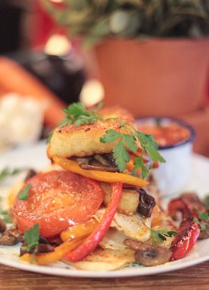 Vegan/Veggie English Stakk, Hash Browns, Mushrooms, Sweet Peppers, Tomatoes, Baked Beans. at Stakks Pancake House in Southampton
