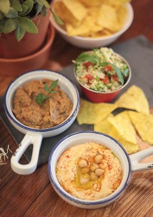 Jerusalem Stakk, Homemade Hummus, Nachos, Aubergine Caviar  at Stakks Pancake House in Southampton