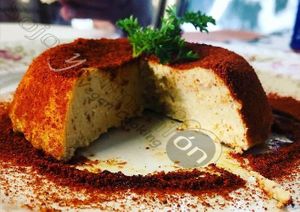 Almond cheese with paprika and hot chili of red mojo (canarian sause) at Soja y Pimenton - Vegan Argentinian BBQ in Lanzarote