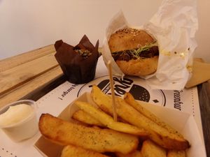 Burger, fries with mayo and muffin at GreenBurger in Liege