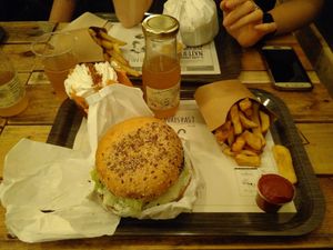 Burger, fries, carrot cake! Loved it at GreenBurger in Liege