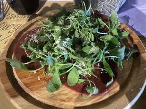 Vegan ‘meat’ with rocket and Parmesan  at Nirvana in Florence