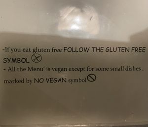 From their menu. We did not see the “no vegan” symbol on any of their food items, but they clearly label if an item may contain milk.   at Nirvana in Florence