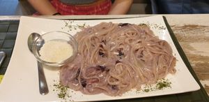 Blueberry pasta - was sceptical at first but the blueberries only add a subtle sweetness and the dish is really nice overall at Nirvana in Florence