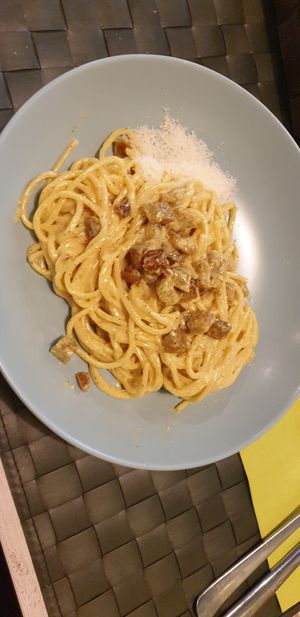 Carbonara - this was amazing. The cheese flavour was spot on and the little bacon bits were the perfect addition. at Nirvana in Florence