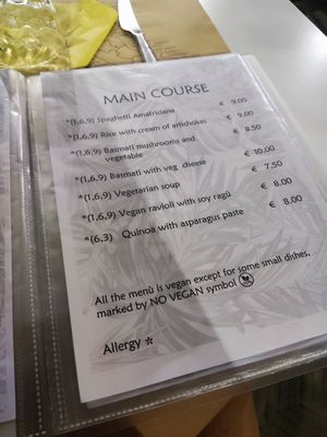 Menu at Nirvana in Florence