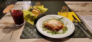 lasagne and fruit drink at Nirvana in Florence