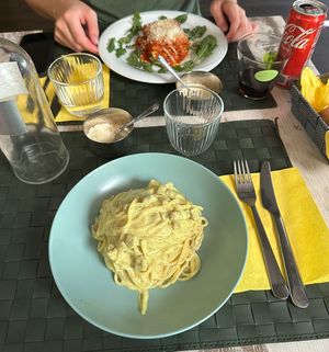 Vegan Carbonara and Lasagna  at Nirvana in Florence