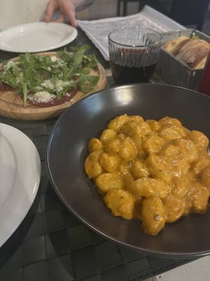 Gnocchi in red pesto, me@t and cheez sharing board  at Nirvana in Florence
