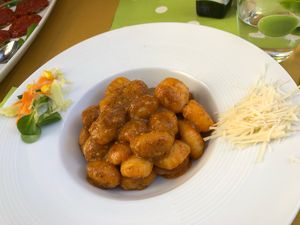 The vegan Parmesan cheese was incredible at Nirvana in Florence