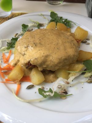 Vegetable and soy burger with roasted potatoes  at Nirvana in Florence