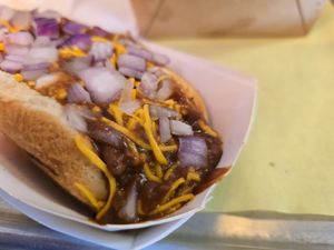 My chili cheeze hot dog. I love raw onions, ketchup and mustard, and vegan cheeze and vegan chili on mine. at Earle's on Crenshaw in Los Angeles