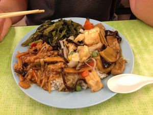 mixed rice plate at Liew Chai Vegetarian in Kota Kinabalu